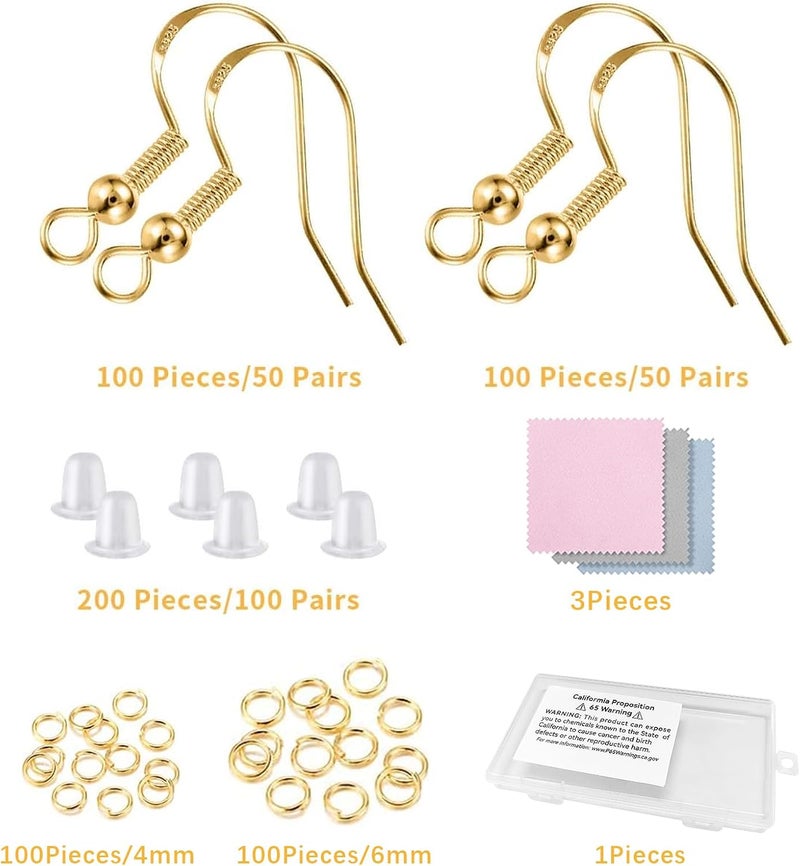 Lhedon 925 Sterling Silver Earring Hooks 200 PCS, Gold Earring Hooks for Jewelry Making, Hypoallergenic Fish Hook Earrings Making Kit, DIY Earring, with 200PCS Earring Backs and 200PCS Jump Rings - Image 2