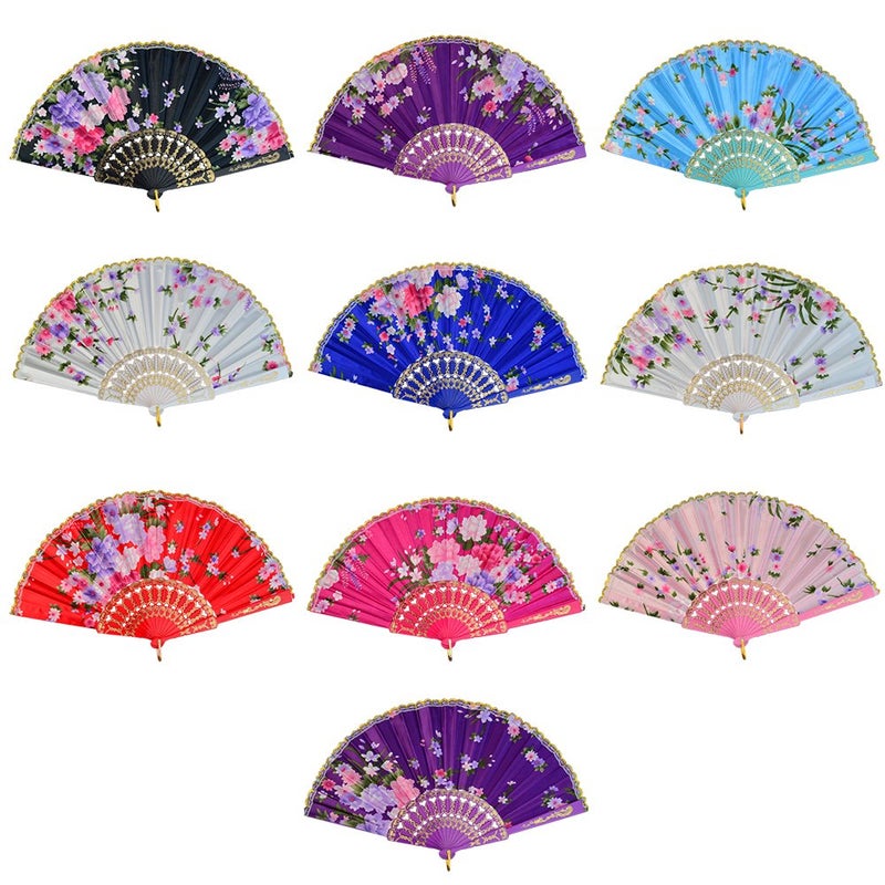 Miayon 10pcs Floral Folding Hand Fan Vintage Retro Silk Handheld Fans Lace Folding Fan Wedding Dancing Church Party Random Color