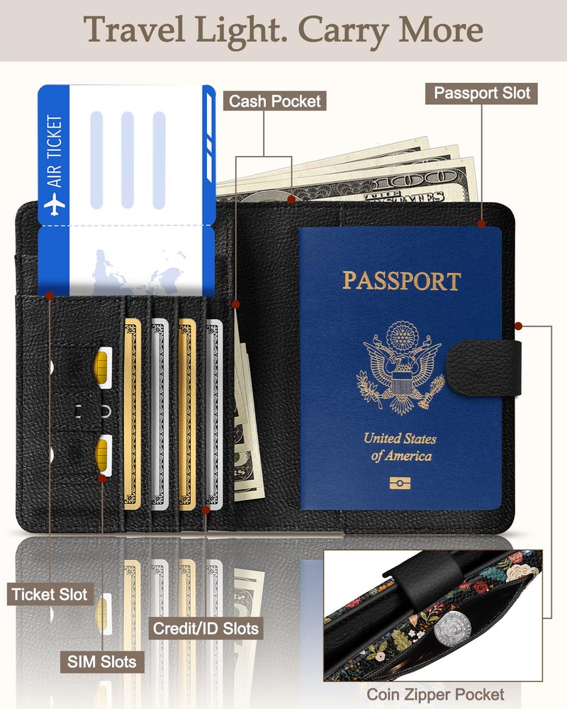 Slohif Passport Wallet Holder Cover for Travel - Women Men RFID Blocking Passport Book Case Protector, Colorful Cute Flower Leather Personalized Organizer Slim Carrier Boarding Pass Cards Slots - Image 2
