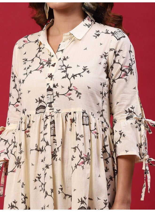 AKS Cream Printed Skater Dress - Image 2