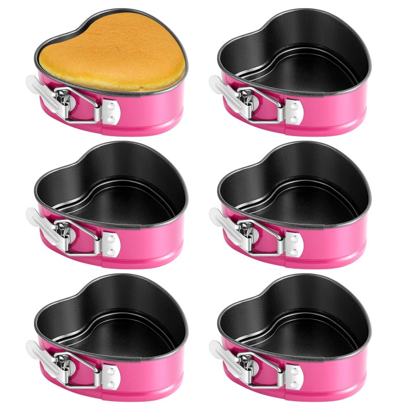 Hoolerry 6 Pcs Mini Heart Springform Pan 4 Inch Heart Shape Mini Cheesecake Pans Non Stick Heart Cake Mold Small Heart Cake Pan with Drop Bottom for Air Fryer Pressure Cooker Baking (Pink) - Image 1