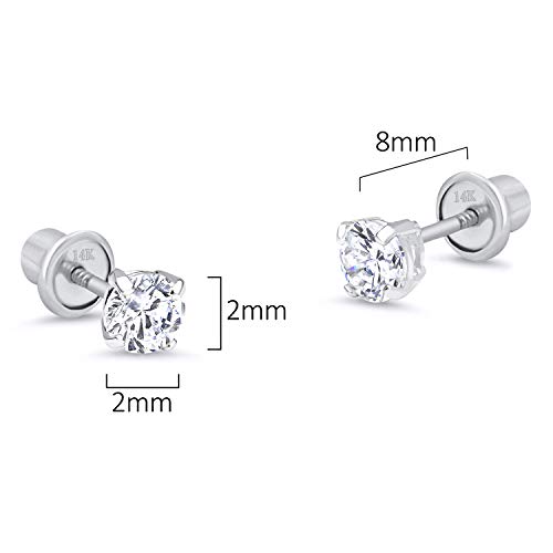 Lovearing 14k White Gold Tiny 2mm Basket Round Solitaire Cubic Zirconia Screw Back Baby Girls Earrings - Image 2