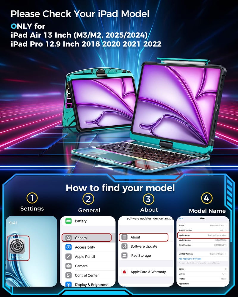 SIBEITU حافظة لوحة مفاتيح لاسلكية شفافة SIBEITU لجهاز iPad Air 13 بوصة (M3 2025/M2 2024) و iPad Pro 12.9 بوصة الجيل 6 و 5 و 4 و 3 مع حامل قلم، لوحة تتبع متعددة اللمس وإضاءة خلفية بسبعة ألوان، دوارة 360 درجة، زرقاء - Image 2