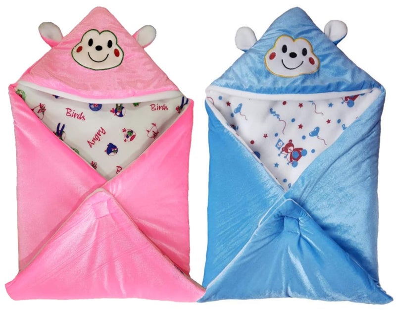 BRANDONN New Born Supersoft and Fluffy All Season Hooded Wrapper/Sleeping Bag/Baby Blanket for Babies Pack of 2 (66 x 66 cm, 0-6 Months) - Image 1