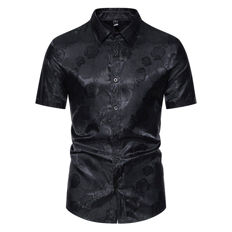 Men''s Short Sleeve Fashion Button Shirt Rose Print Casual Button Shirt Slim Fit Dress Shirt C36P40 - Image 1