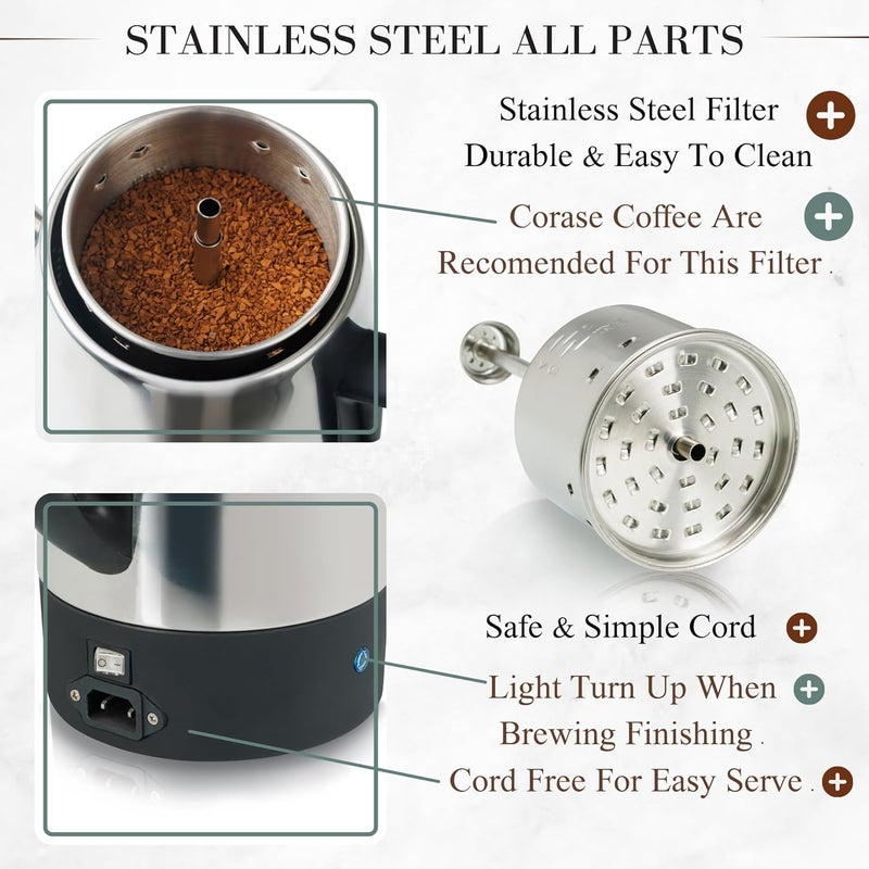 Moss & Stone Percolator Coffee Pot Electric 10 Cup, Stainless Steel Coffee Maker. With Keep Warm Function, 10 Cups Stainless Steel Percolator With Coffee Basket - Image 2