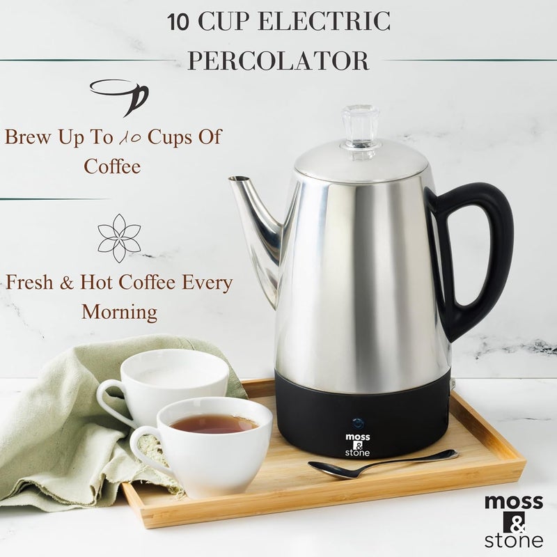 Moss & Stone Percolator Coffee Pot Electric 10 Cup, Stainless Steel Coffee Maker. With Keep Warm Function, 10 Cups Stainless Steel Percolator With Coffee Basket - Image 4