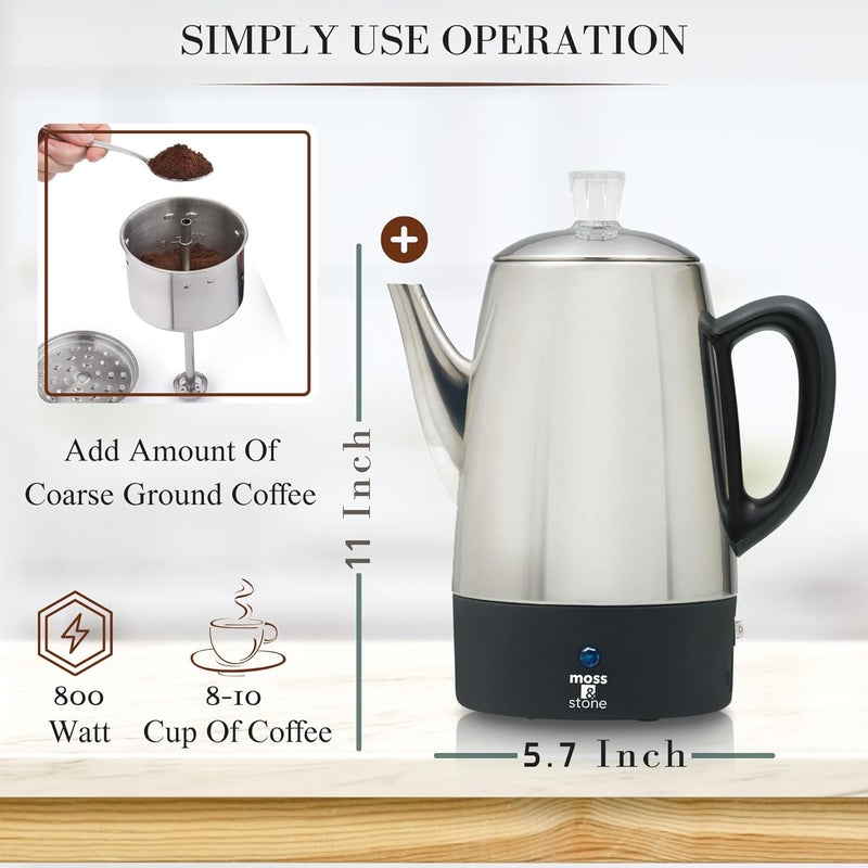 Moss & Stone Percolator Coffee Pot Electric 10 Cup, Stainless Steel Coffee Maker. With Keep Warm Function, 10 Cups Stainless Steel Percolator With Coffee Basket - Image 3