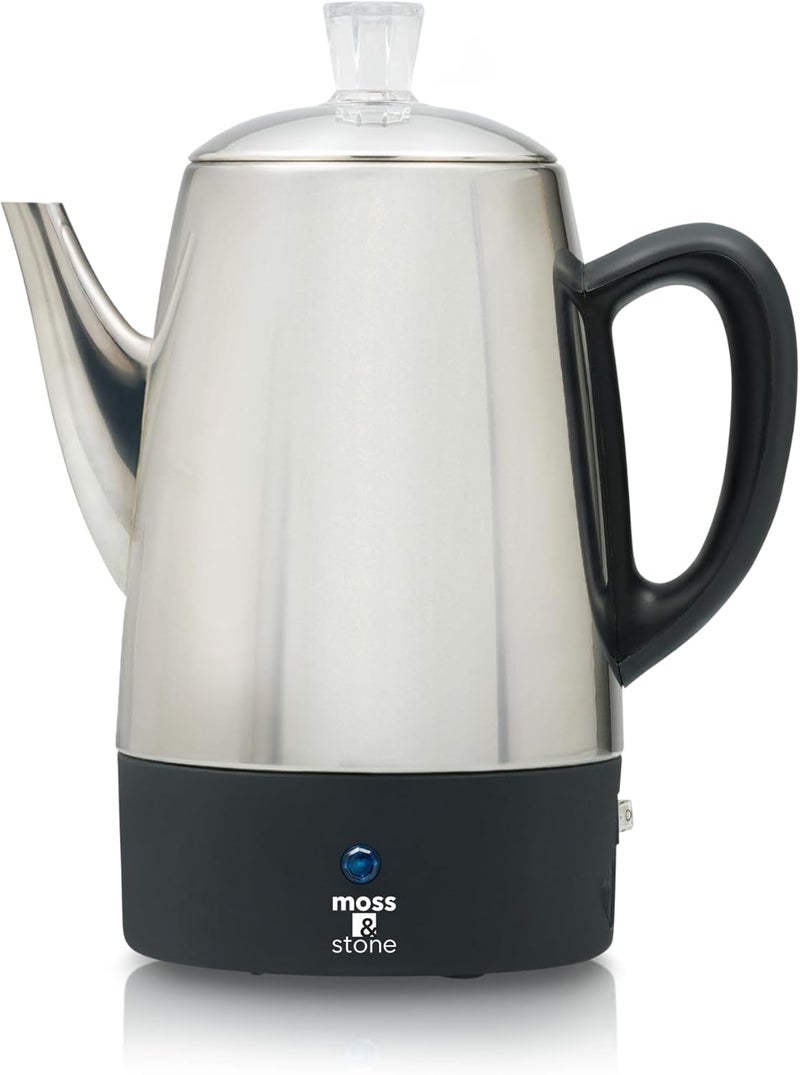 Moss & Stone Percolator Coffee Pot Electric 10 Cup, Stainless Steel Coffee Maker. With Keep Warm Function, 10 Cups Stainless Steel Percolator With Coffee Basket - Image 1