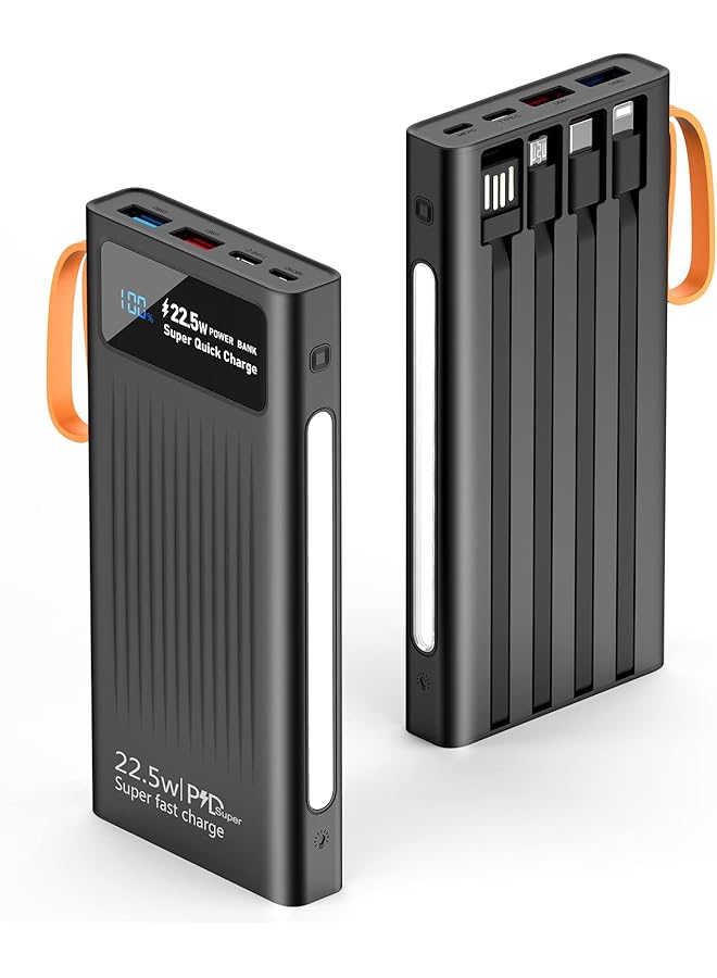 promass Charger with Built in Cables,10000mAh Power Bank with LED Lamp Fast Charging 3.0 USB C Extennal Battery Backup Power Pack with LED Display for iPhone, Samsung and Cell Phones (Black)