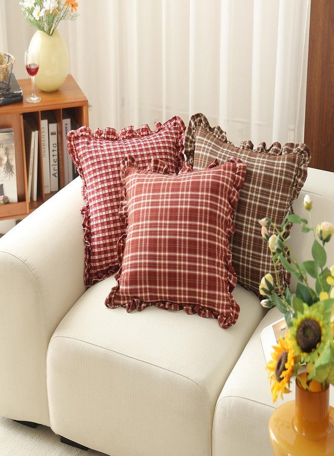 vctops Plaid Ruffle Throw Pillow Cover Farmhouse Brown and White Checkered Pillowcase Shabby Chic Vintage Square Decorative Cushion Cover for Bed Sofa Living Room (Brown,18"x18") - Image 5