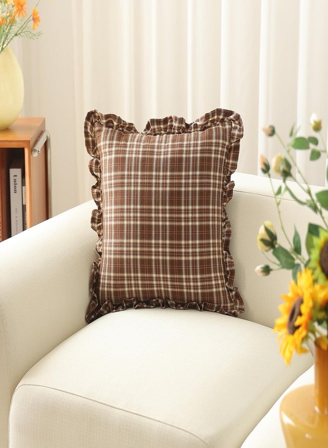 vctops Plaid Ruffle Throw Pillow Cover Farmhouse Brown and White Checkered Pillowcase Shabby Chic Vintage Square Decorative Cushion Cover for Bed Sofa Living Room (Brown,18"x18") - Image 3