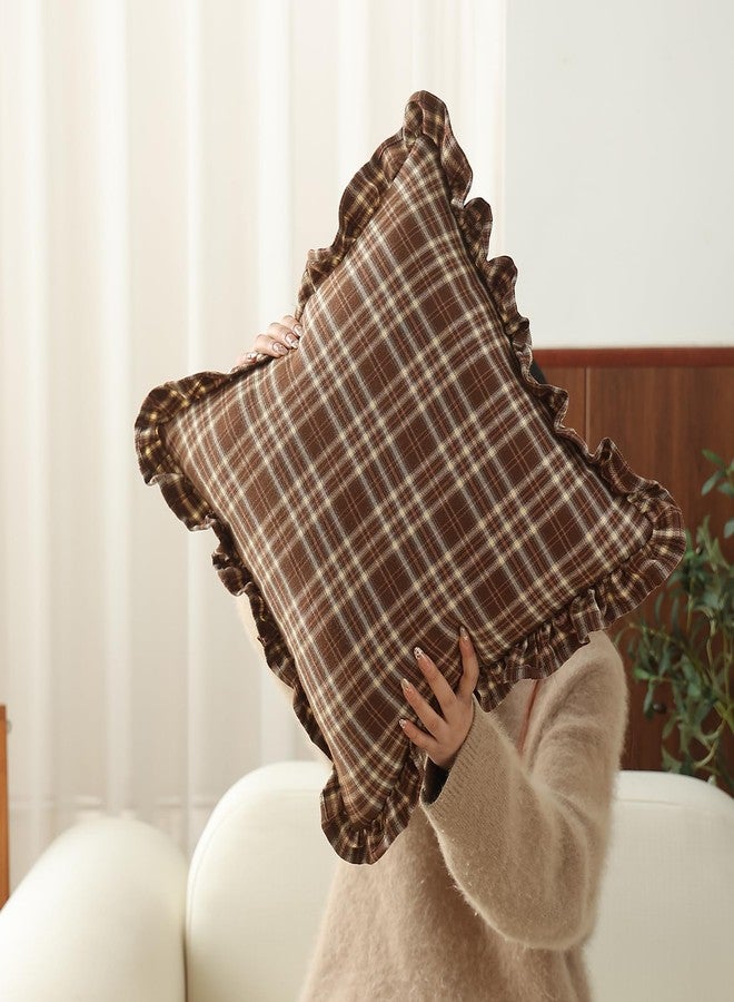 vctops Plaid Ruffle Throw Pillow Cover Farmhouse Brown and White Checkered Pillowcase Shabby Chic Vintage Square Decorative Cushion Cover for Bed Sofa Living Room (Brown,18"x18") - Image 2
