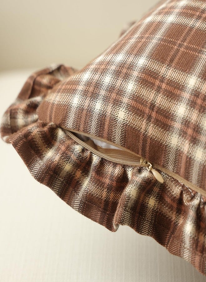 vctops Plaid Ruffle Throw Pillow Cover Farmhouse Brown and White Checkered Pillowcase Shabby Chic Vintage Square Decorative Cushion Cover for Bed Sofa Living Room (Brown,18"x18") - Image 4