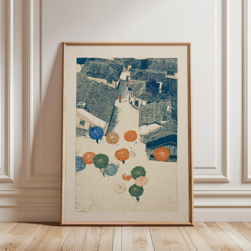 TNESSENTIAL Cobblestone Town Poster, Japanese Woodblock Style, Umbrellas, Blue Beige Tones - Image 1