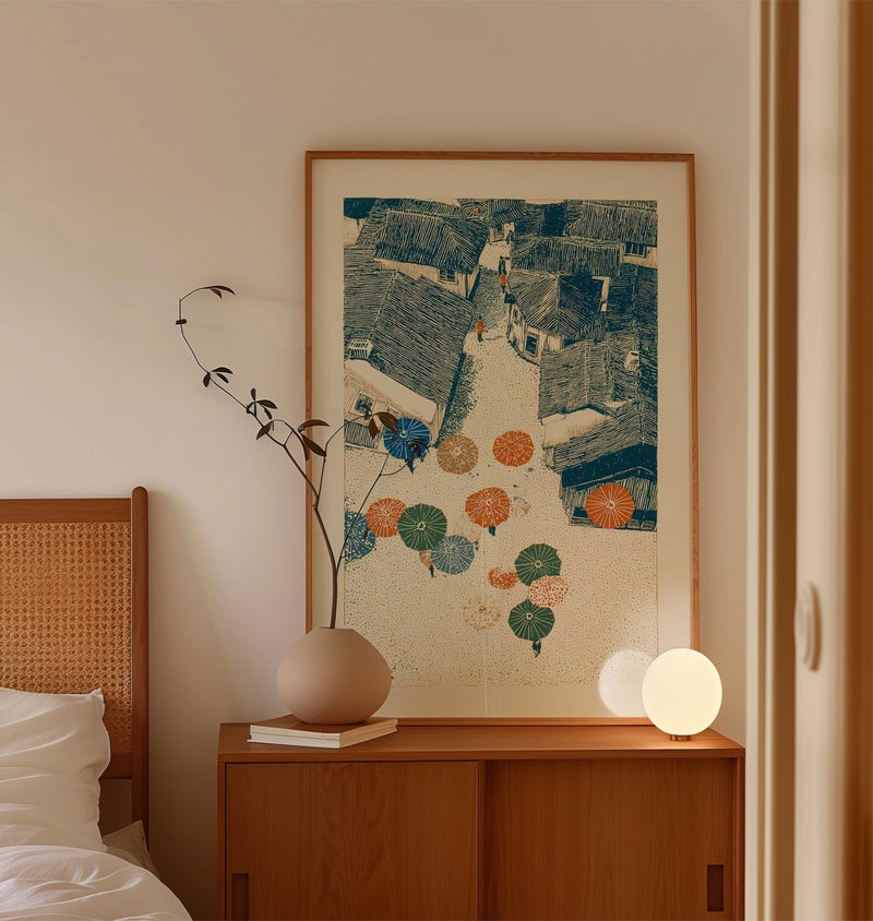 TNESSENTIAL Cobblestone Town Poster, Japanese Woodblock Style, Umbrellas, Blue Beige Tones - Image 5