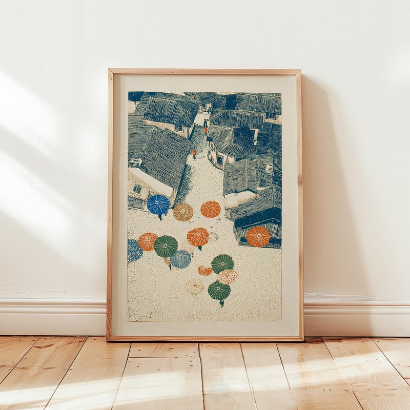 TNESSENTIAL Cobblestone Town Poster, Japanese Woodblock Style, Umbrellas, Blue Beige Tones - Image 4