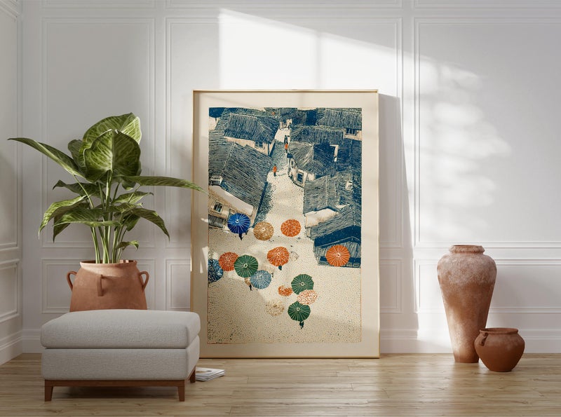 TNESSENTIAL Cobblestone Town Poster, Japanese Woodblock Style, Umbrellas, Blue Beige Tones - Image 3