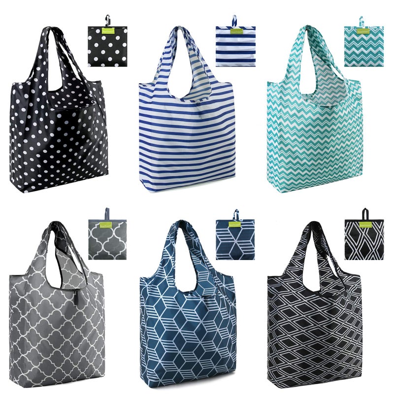 BeeGreen Foldable Reusable Grocery Bags  Heavy Duty 6 Pack with Handles  Large Holiday Gift for Women  Men Birthday Gift IdeasCollapsible Cloth Storage for Market Trips Beach Outings