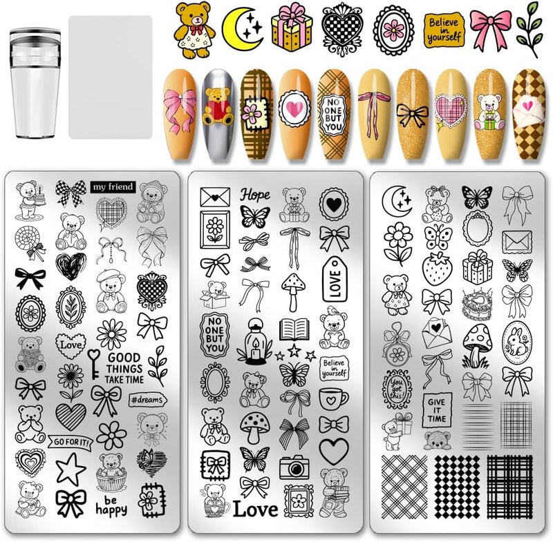 PH PandaHall 3pcs Cute Bear Nail Stamping Plates Bows Heart Nails Art Stencils Butterfly Fruit Mushroom Manicure Art Templates Lovely Sweet Style Nails Image Plates for Women Manicures Salon Design