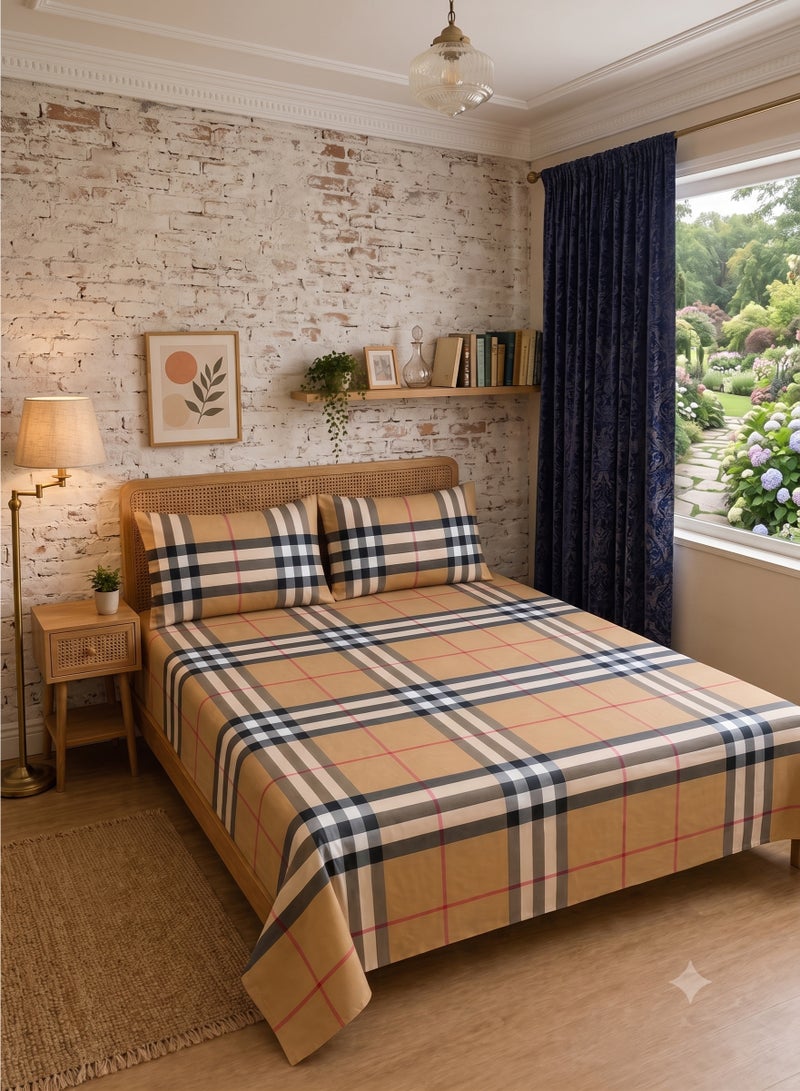 ZEESQUARE 3 Piece 100% Cotton Flat Bedsheet Set – Tartan Plaid Check Pattern Bedding Set with 1 Flat Sheet & 2 Pillow Covers | 125 GSM Soft Breathable Bed for King, Queen & Single Size - Image 3