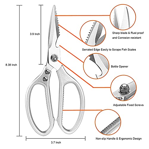 LOFTOLMEA LONJYI Multi Function Kitchen Scissors, Heavy Duty Stainless Steel Shears with Ultra Sharp Blades Left Right Handed Scissors Use for Chicken Meat Seafood Vegetables BBQ Bottle Opener Silver - Image 2