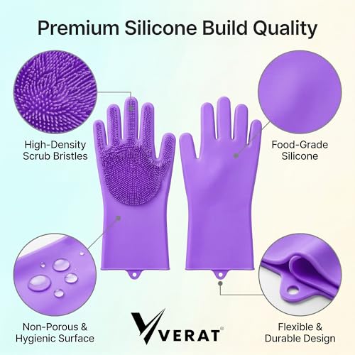 VERAT Kitchen Dishwashing Gloves for Washing Dishes – Reusable Rubber/Silicone Cleaning Gloves for Kitchen, Bathroom & Car Cleaning – Waterproof Household Hand Gloves for Women, Home Essentials (Purple) - Image 4