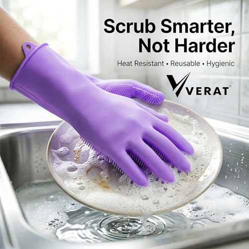 VERAT Kitchen Dishwashing Gloves for Washing Dishes – Reusable Rubber/Silicone Cleaning Gloves for Kitchen, Bathroom & Car Cleaning – Waterproof Household Hand Gloves for Women, Home Essentials (Purple) - Image 3