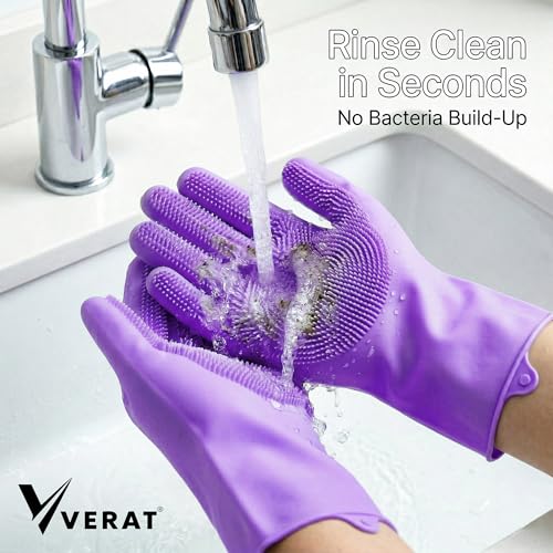 VERAT Kitchen Dishwashing Gloves for Washing Dishes – Reusable Rubber/Silicone Cleaning Gloves for Kitchen, Bathroom & Car Cleaning – Waterproof Household Hand Gloves for Women, Home Essentials (Purple) - Image 5