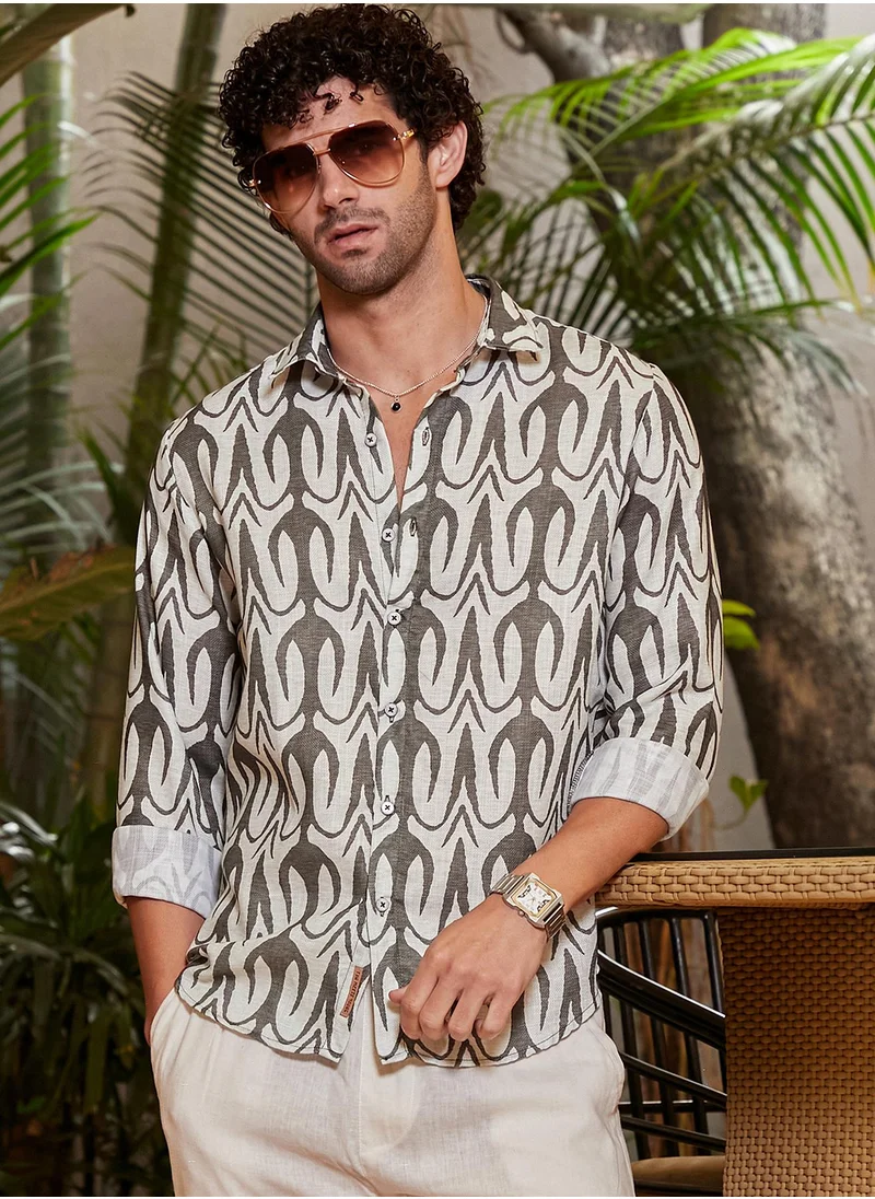 Campus Sutra Men's Moon Grey Trident Imprint Shirt