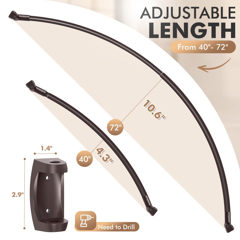 Bonpally Curved Shower Curtain Rod for Bathroom, 40-72 Inches Adjustable Curved Shower Rod, 0.9MM Aluminum Shower Curtain Rod with Rotating Brackets for Extra Shower Space, Need to Drill, Bronze - Image 4