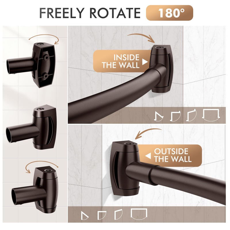 Bonpally Curved Shower Curtain Rod for Bathroom, 40-72 Inches Adjustable Curved Shower Rod, 0.9MM Aluminum Shower Curtain Rod with Rotating Brackets for Extra Shower Space, Need to Drill, Bronze - Image 3