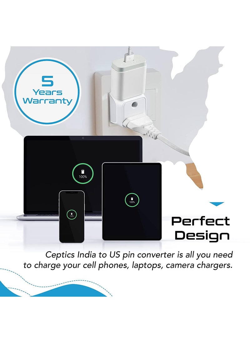 Ceptics Ceptics India to USA Canada Travel Adapter Plug 2 in 1 Adapter Type B CE Certified RoHS Compliant White 2 Pack Lifetime Limited Warranty  - Image 5