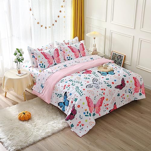 Jameswish Butterfly Comforter Set Twin Size for Girls Kids Teens 7 Piece Bed in A Bag Colorful Butterflies Flower Leaves Bedding Set All Season Lightweight - Image 3