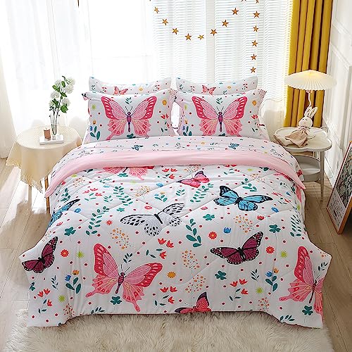 Jameswish Butterfly Comforter Set Twin Size for Girls Kids Teens 7 Piece Bed in A Bag Colorful Butterflies Flower Leaves Bedding Set All Season Lightweight - Image 1