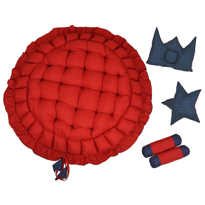 LOREM Red & Blue 5 Pillows & Round Shape Cotton Baby Bed for 0-1 Year BB11-CMC - Image 3