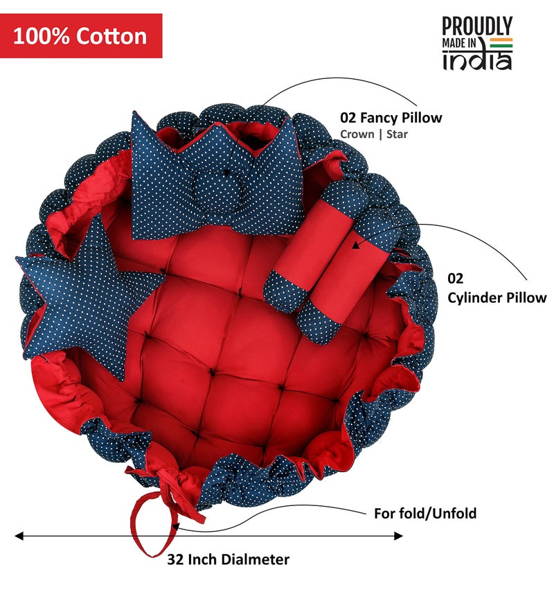 LOREM Red & Blue 5 Pillows & Round Shape Cotton Baby Bed for 0-1 Year BB11-CMC - Image 5