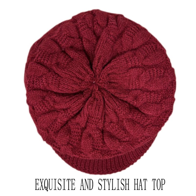 XYX Women's Winter Wool Lined Elastic Knitted Hat Visor Beanie Trendy Warm Hat (US, Alpha, One Size, Dark red) - Image 4