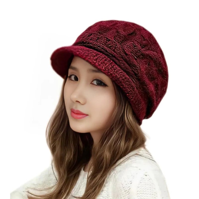 XYX Women's Winter Wool Lined Elastic Knitted Hat Visor Beanie Trendy Warm Hat (US, Alpha, One Size, Dark red) - Image 1