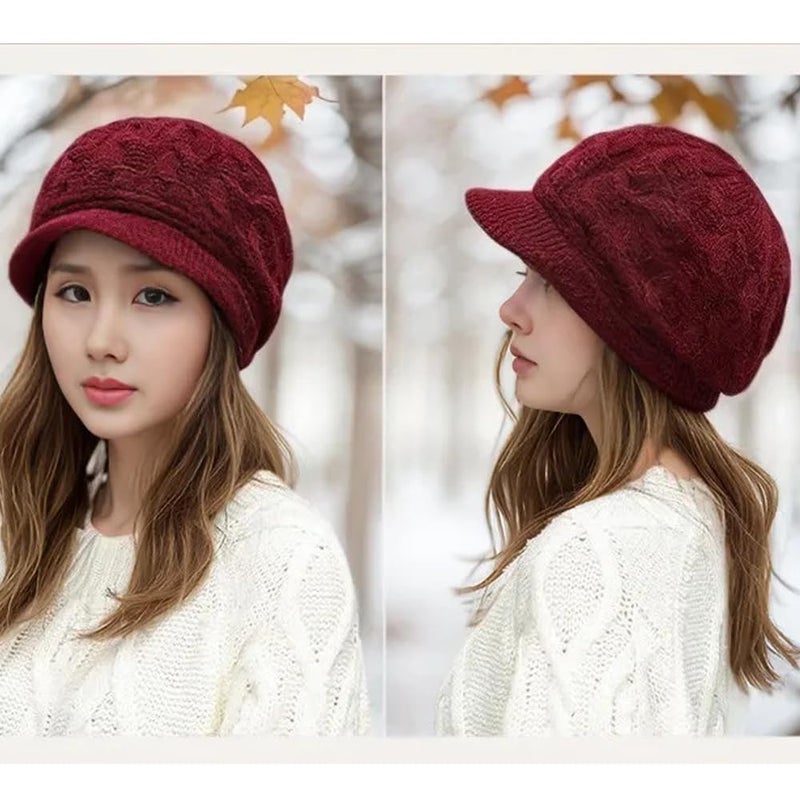 XYX Women's Winter Wool Lined Elastic Knitted Hat Visor Beanie Trendy Warm Hat (US, Alpha, One Size, Dark red) - Image 2