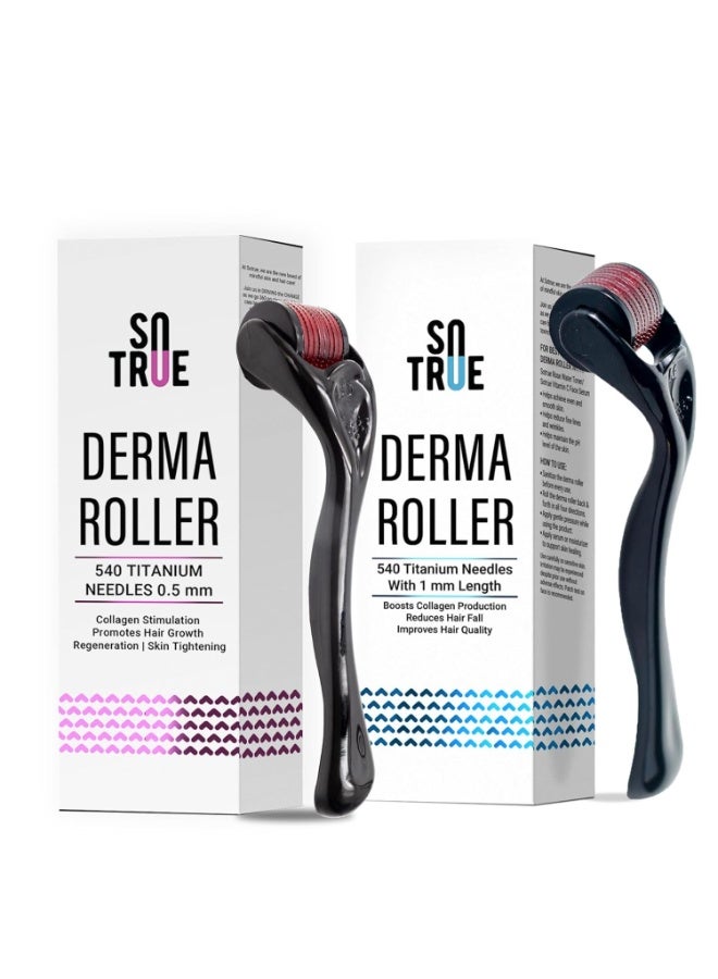 So True Sotrue Derma Roller 0.5mm and 1 mm | 540 Titanium Needles | Derma Roller for Hair Growth & Thickening, Repair Damages and Activates Hair Follicles, Reduces Acne Scars (Combo - Black) - Image 1
