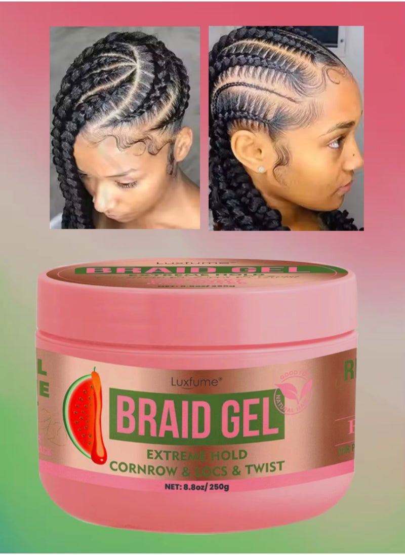 Luxfume 250g Braid Gel Watermelon Scent xtreme Hold Braids Gel for Cornrow Locks and Twist Braiding Gel with Rosemary Oil and Rice Water Frizz Control High Shine and Edge Control Braid Styling Gel  - Image 1