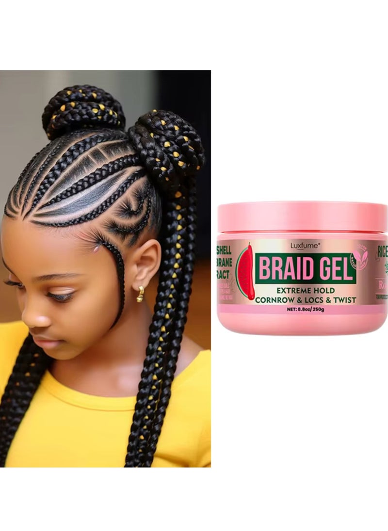 Luxfume 250g Braid Gel Watermelon Scent xtreme Hold Braids Gel for Cornrow Locks and Twist Braiding Gel with Rosemary Oil and Rice Water Frizz Control High Shine and Edge Control Braid Styling Gel  - Image 3