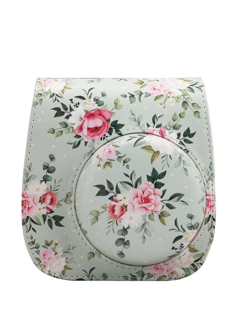 Generic PU Leather Camera Case Compatible with Instax Mini 12/11/8/9 Instant Camera with Adjustable Strap and Pocket Green Background Rose Storage Bag  - Image 1