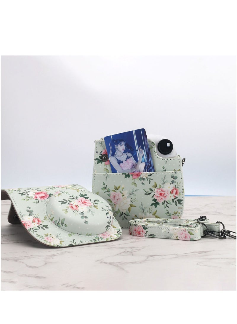 Generic PU Leather Camera Case Compatible with Instax Mini 12/11/8/9 Instant Camera with Adjustable Strap and Pocket Green Background Rose Storage Bag  - Image 3