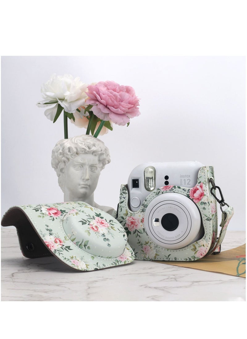 Generic PU Leather Camera Case Compatible with Instax Mini 12/11/8/9 Instant Camera with Adjustable Strap and Pocket Green Background Rose Storage Bag  - Image 2