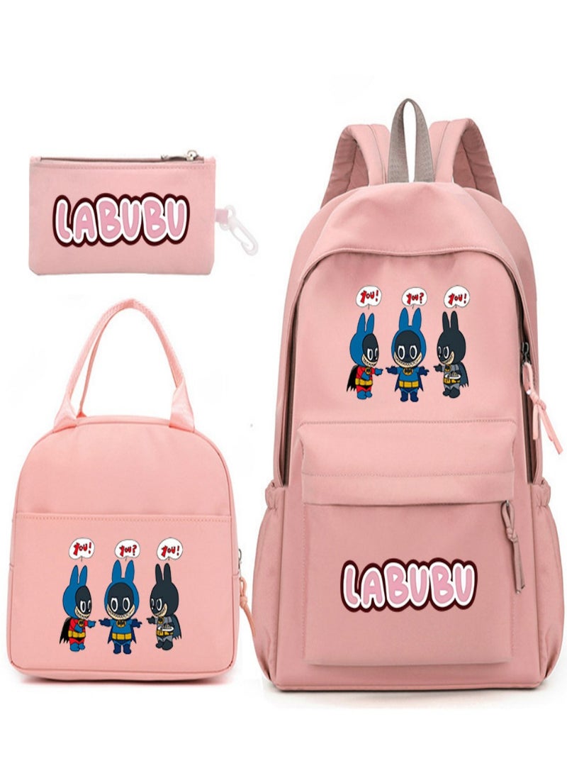 Labubu Children Backpack Schoolbag Teen Student School Book bag with Lunch Box Pen Case 3 in 1 for Kids