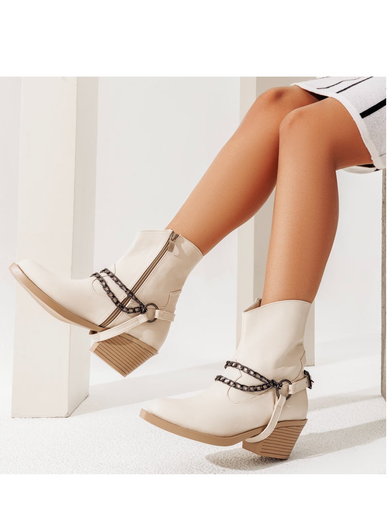 LIFESTYLISH - Ankle Boots Leather With Accessories And Zipper G-32 - Beige - Image 1