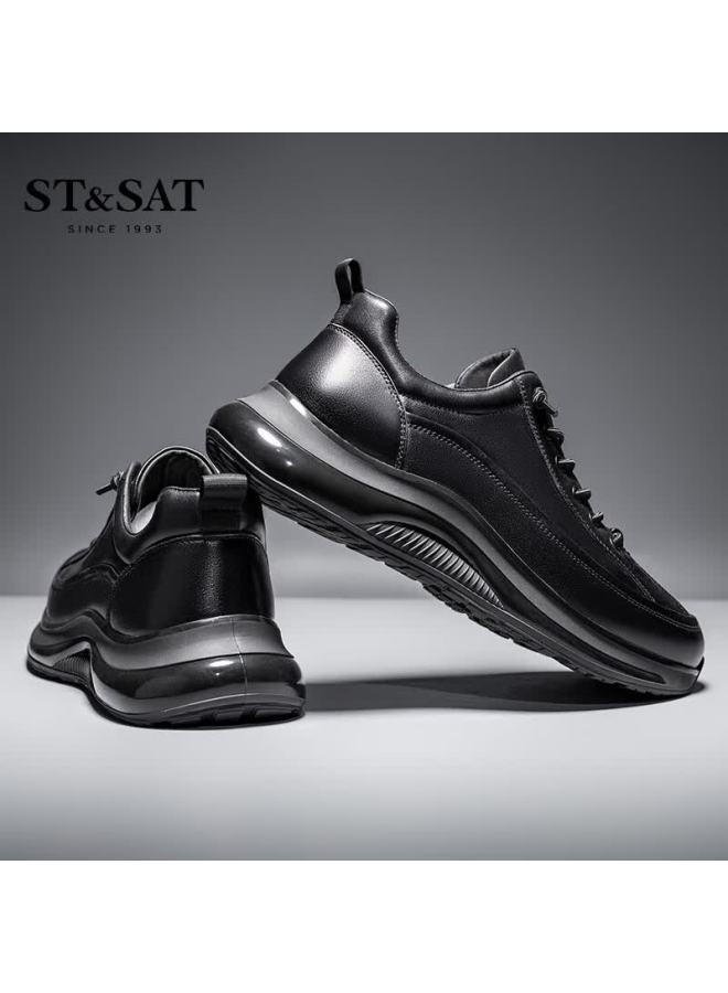St&sat Men's First Layer Cowhide Casual Shoes Versatile Comfortable Sports Running Leather Shoes Black 38 - Image 3