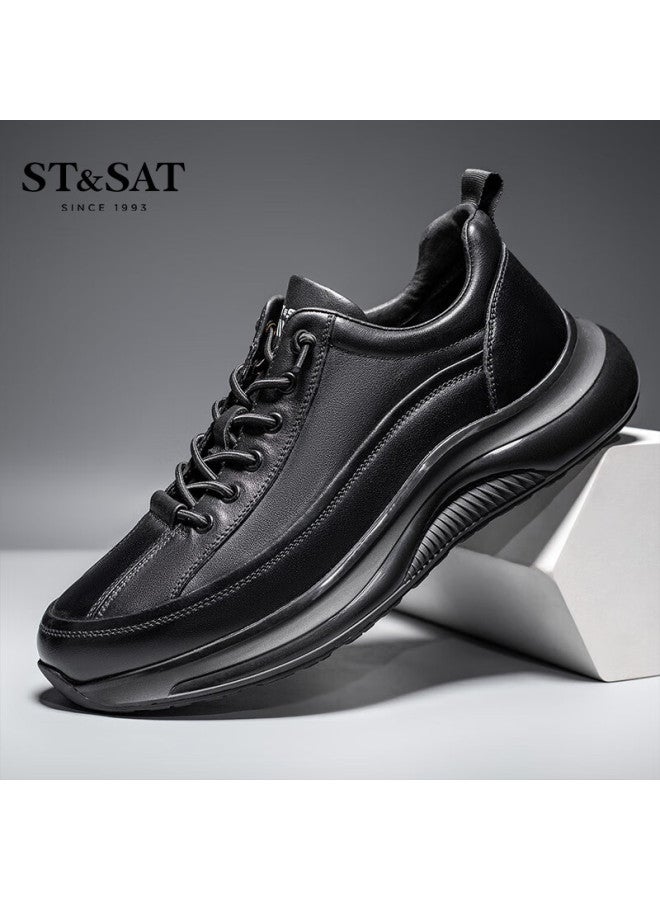 St&sat Men's First Layer Cowhide Casual Shoes Versatile Comfortable Sports Running Leather Shoes Black 38 - Image 4